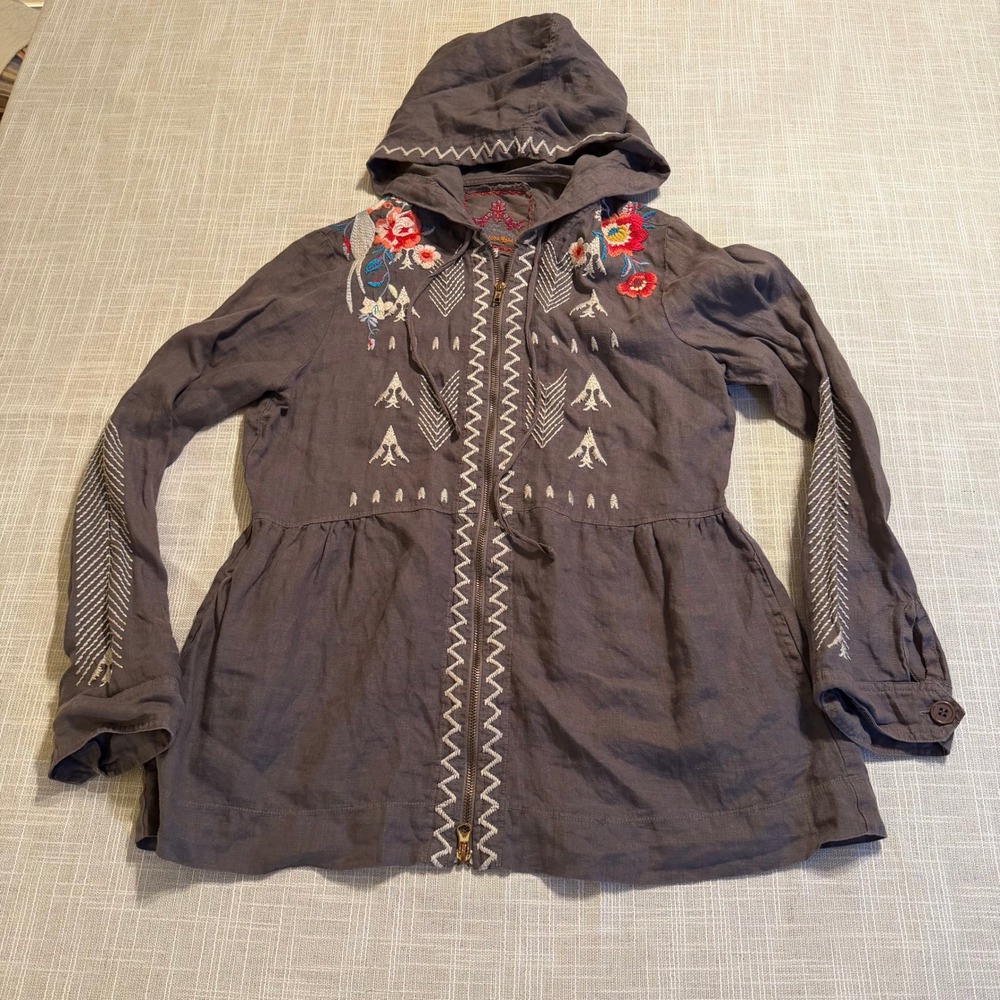 JW Los‎ Angeles Johnny Was Grey 100% Linen Embroidered Peplum Zip Hoodie Small